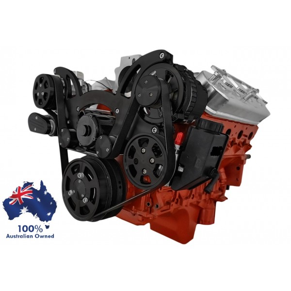 GM HOLDEN CHEVY LS 1,2,3 AND 6 ENGINE SERPENTINE KIT - AC AIR COMPRESSOR, ALTERNATOR & POWER STEERING PULLEY AND BRACKETS BLACK FINISH SUIT ELECTRIC WATER PUMP MID MOUNT